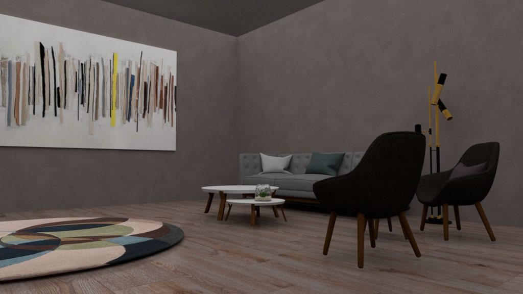 Salon moderne avec un tapis rond sous une table basse ronde.