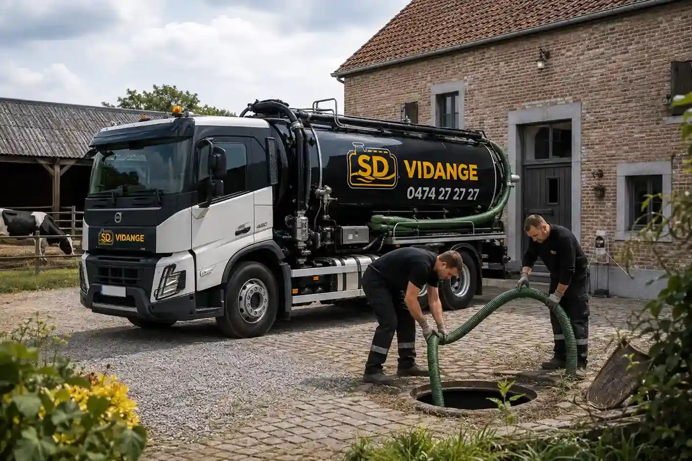 Camion SD Vidange et deux techniciens raccordant un tuyau vert à un regard