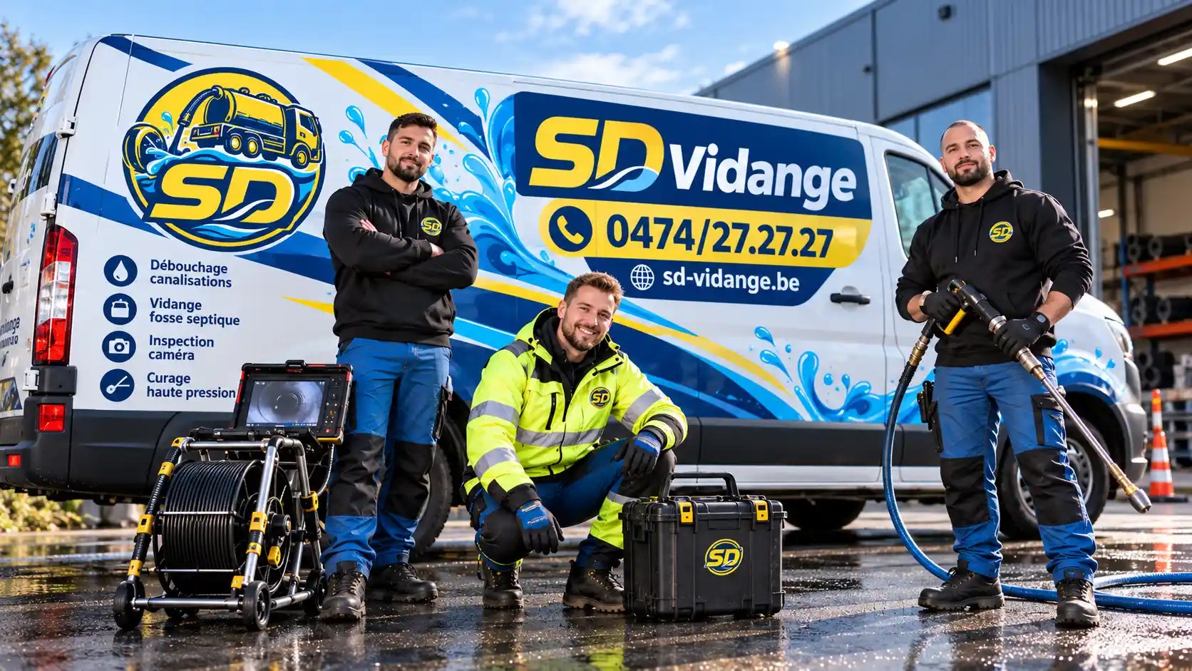 Deux techniciens SD Vidange manipulant un flexible devant leur camion-citerne